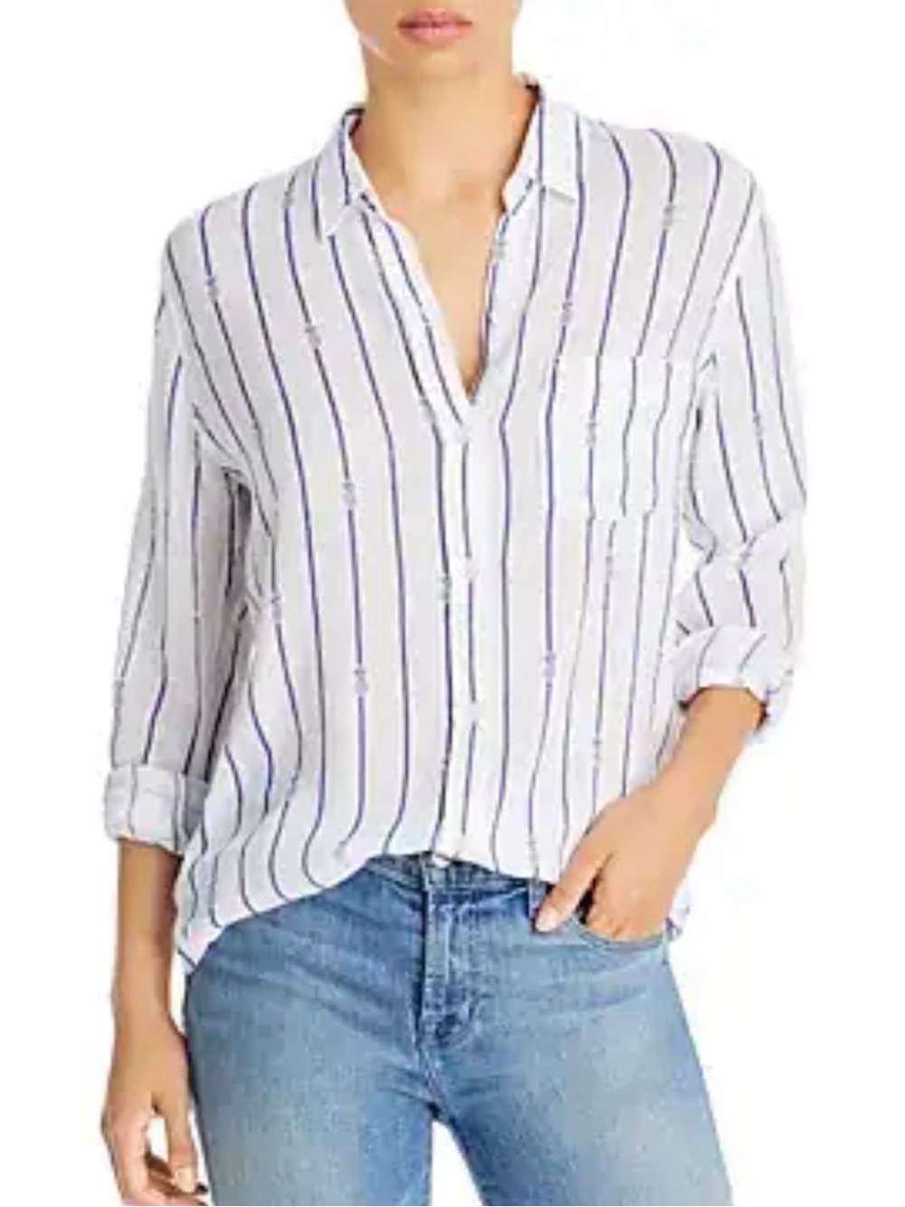 RAILS Charli Pineapple Stripe Linen Shirt White Blue Button Down Relaxed